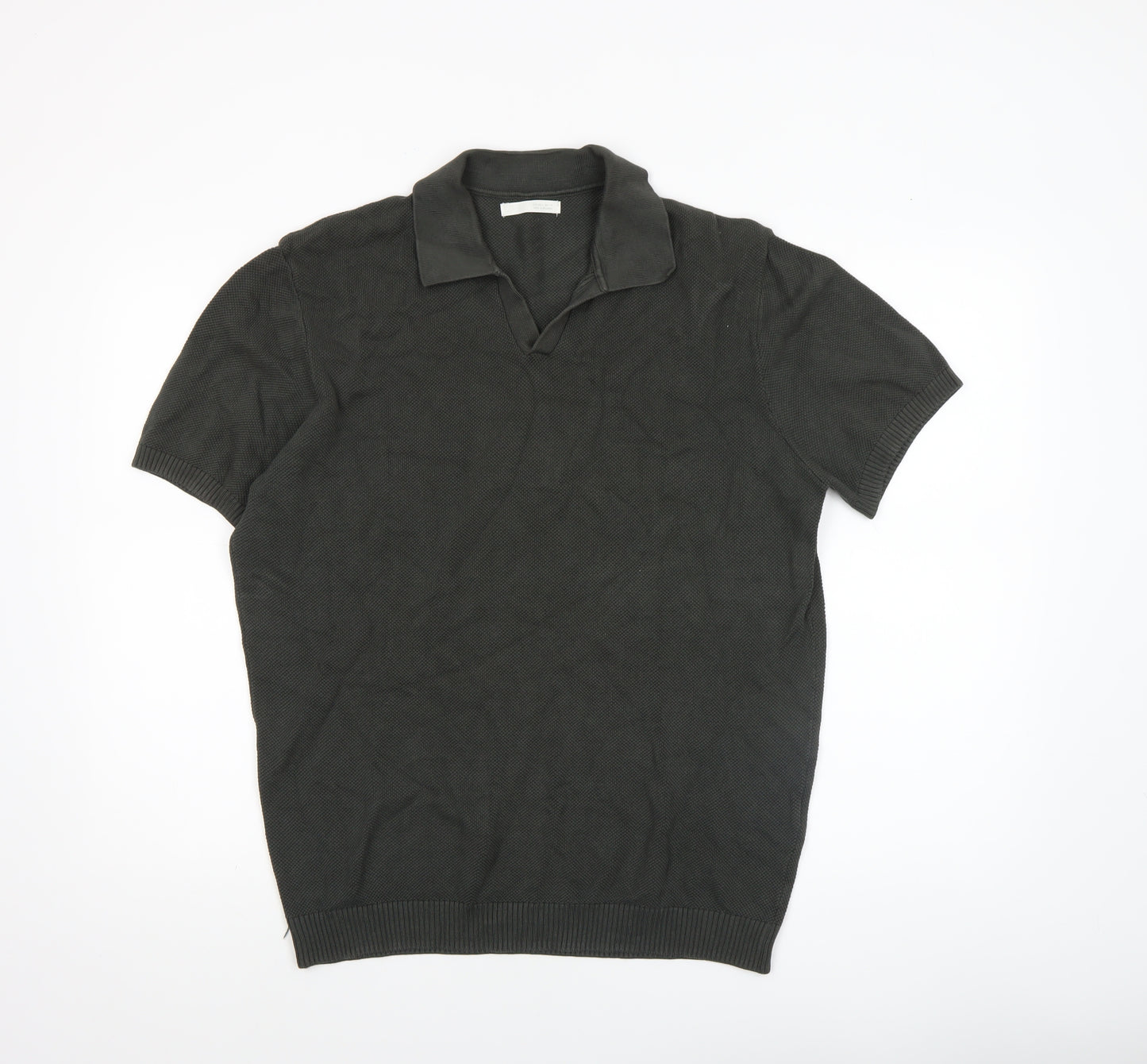 Zara Men Black Cotton Knit Short Sleeve Polo Shirt Size L