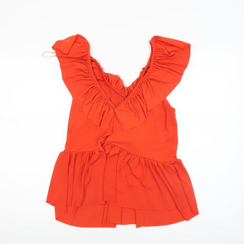 ZARA Women Orange Ruffle Wrap Sleeveless Blouse Size L