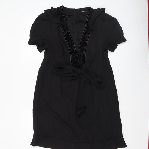 Oasis Women Black Size 14 V-Neck Shift Dress Belted Short Sleeve