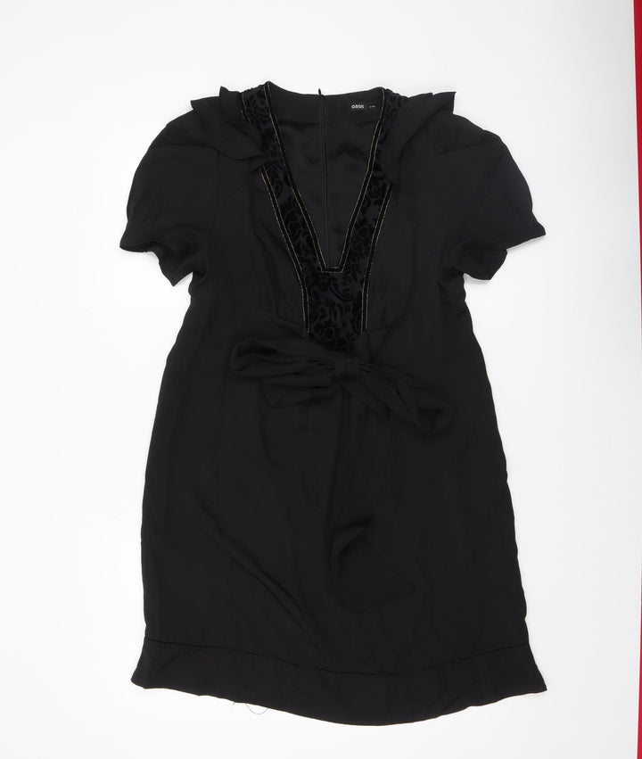 Oasis Women Black Size 14 V-Neck Shift Dress Belted Short Sleeve