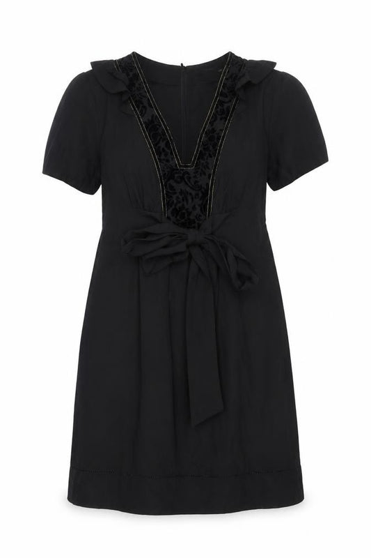 Front view of Oasis Women Black, size 14, V-Neck Shift Dress Belted Short Sleeve