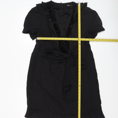Oasis Women Black Size 14 V-Neck Shift Dress Belted Short Sleeve