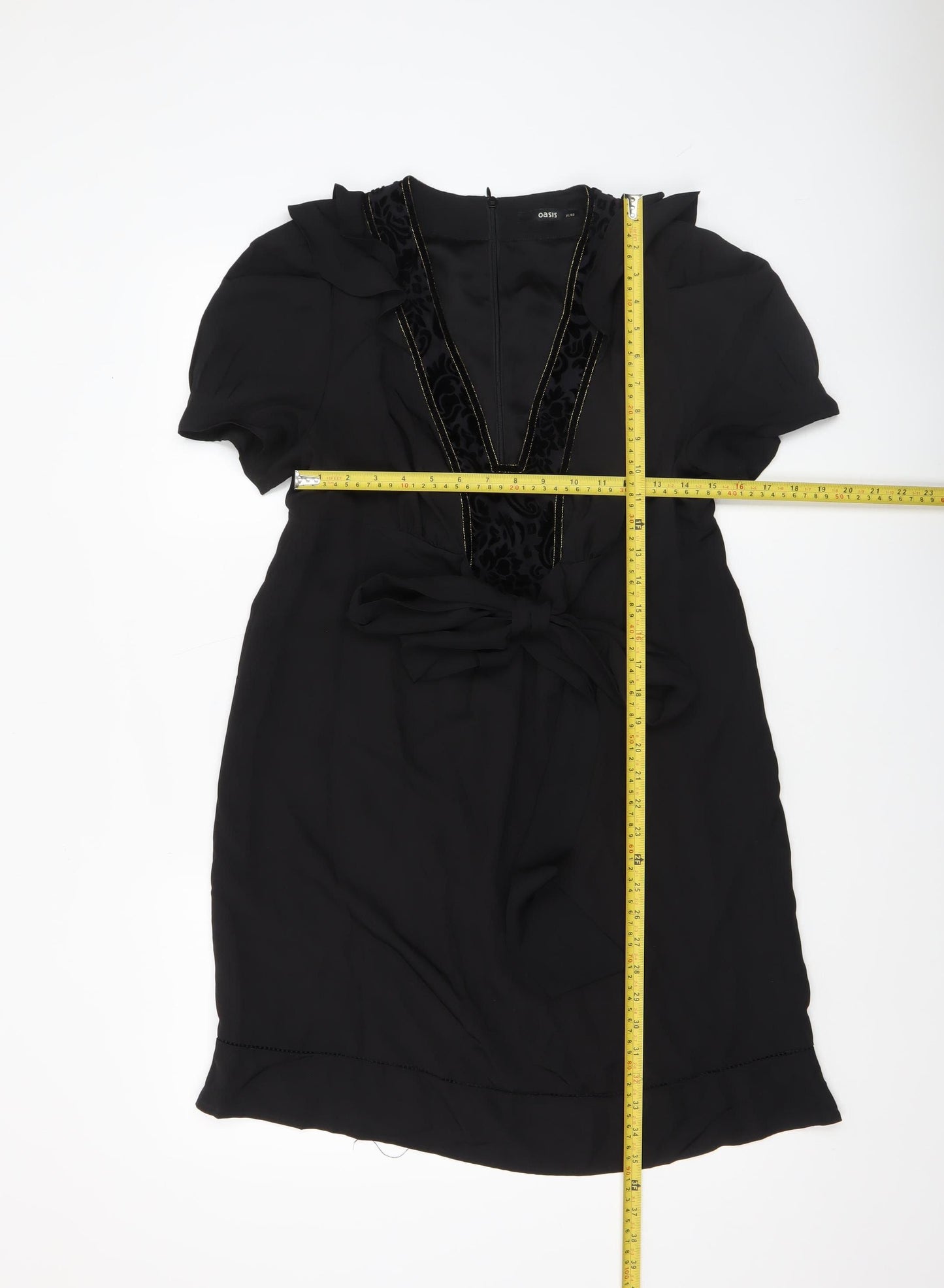 Oasis Women Black Size 14 V-Neck Shift Dress Belted Short Sleeve