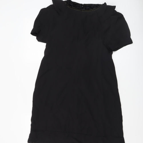 Oasis Women Black Size 14 V-Neck Shift Dress Belted Short Sleeve