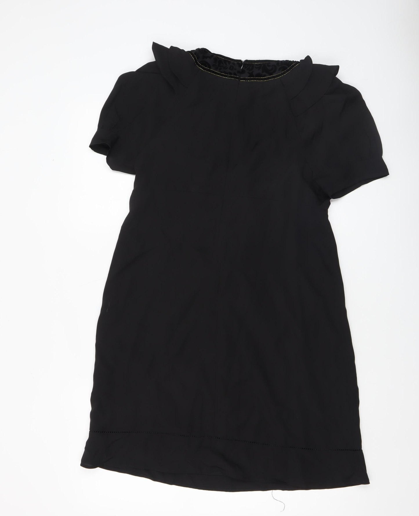 Oasis Women Black Size 14 V-Neck Shift Dress Belted Short Sleeve