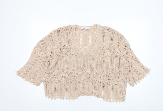 ZARA Women Beige Open-Knit Cropped Pullover Jumper Size L