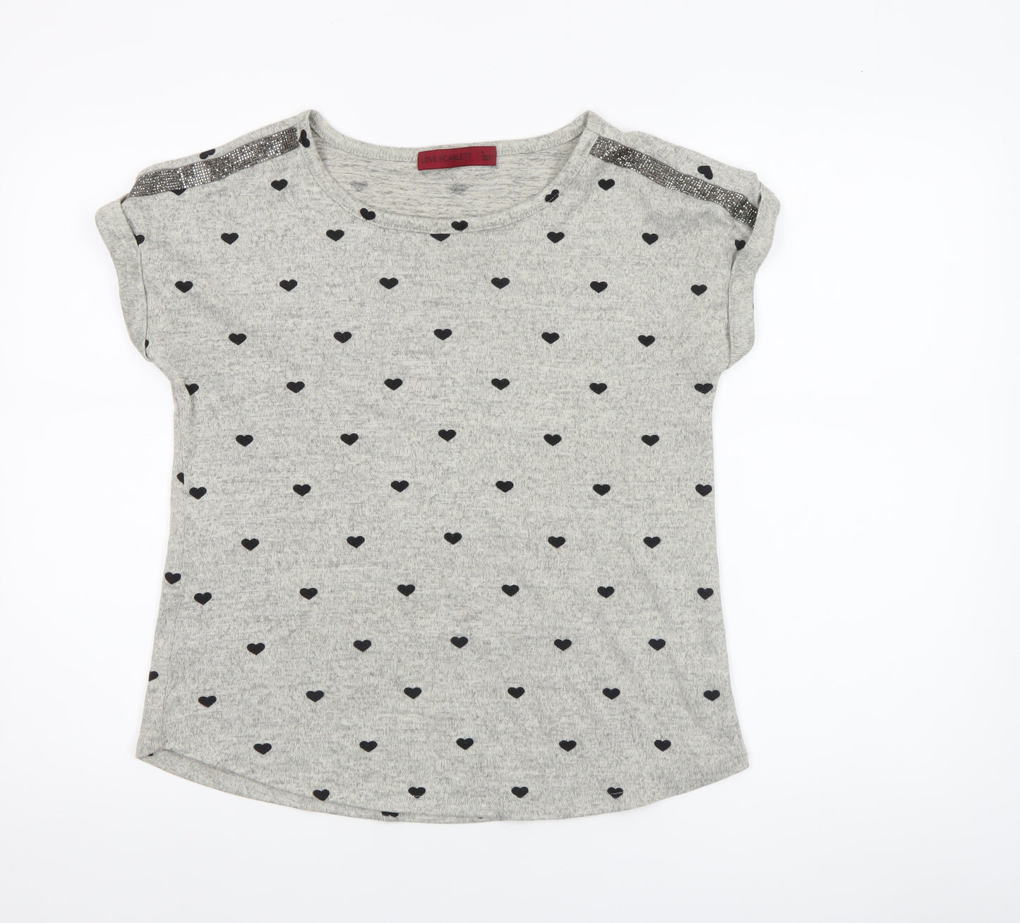Love Scarlett Women’s Grey Heart Print Sequin Shoulder Short Sleeve T-Shirt Size S
