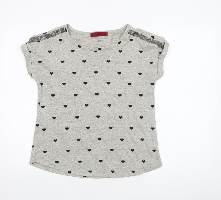 Love Scarlett Women’s Grey Heart Print Sequin Shoulder Short Sleeve T-Shirt Size S