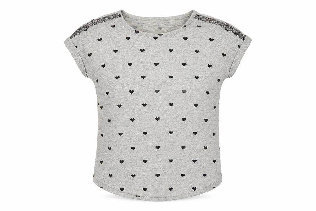 Love Scarlett Women’s Grey Heart Print Sequin Shoulder Short Sleeve T-Shirt Size S