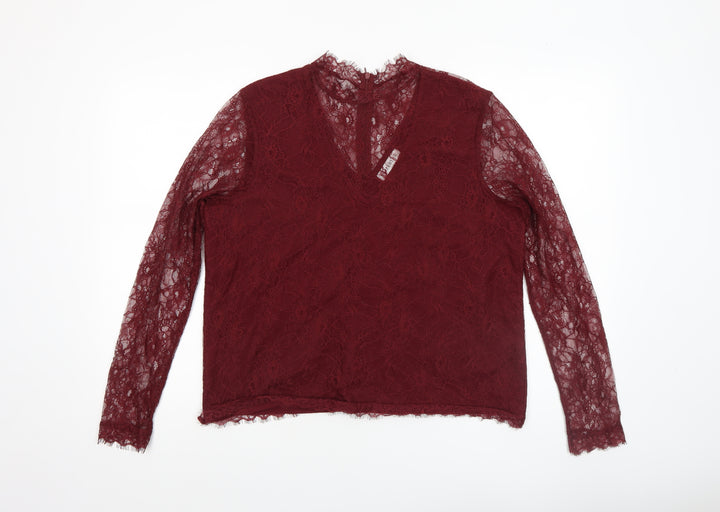 Gallery Women's Burgundy Lace Long Sleeve Blouse Size 14