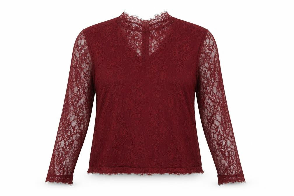 Front view of Gallery Women's Burgundy Lace Long Sleeve Blouse, size 14
