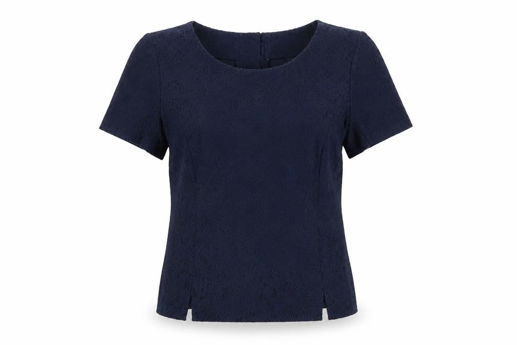 Front view of Paraphrase Women's Blue Lace Short Sleeve Cotton Blend Blouse, size 12