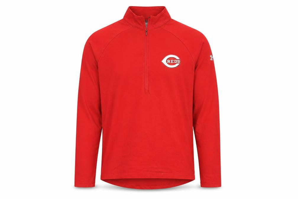 Front view of Under Armour Men's Red 1/4 Zip HeatGear Sweatshirt, size M