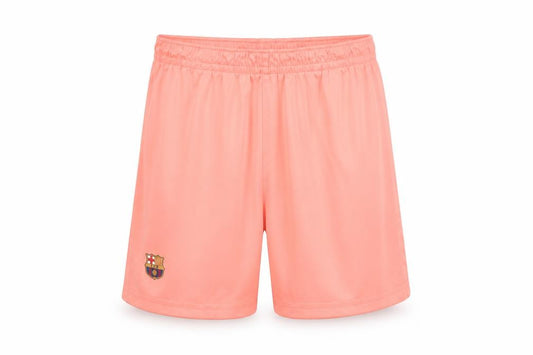 Front view of FC Barcelona boys’ pink athletic shorts, size 10, lightweight elastic waist