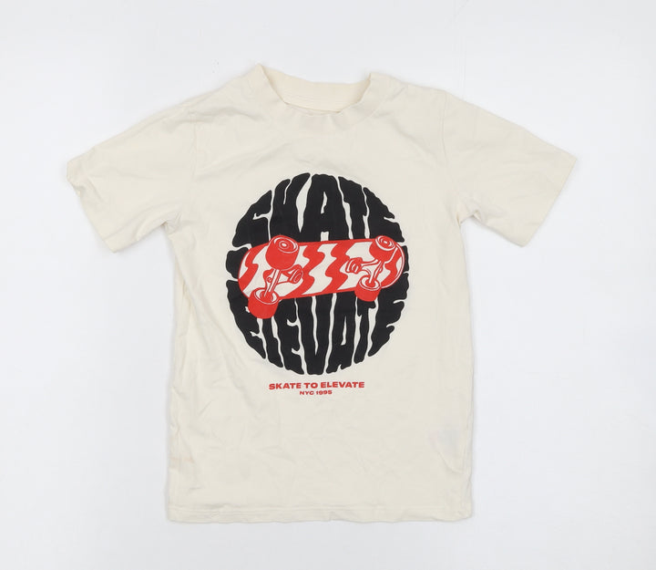 Dunnes Stores Boys Beige Skateboard Graphic Cotton T-Shirt 5-6 Years