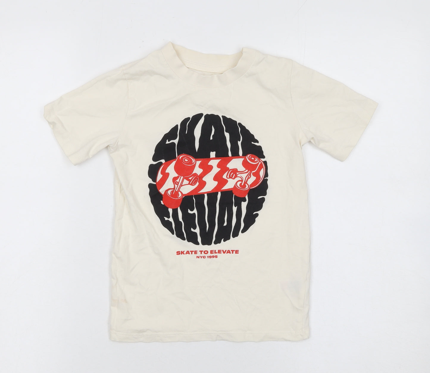 Dunnes Stores Boys Beige Skateboard Graphic Cotton T-Shirt 5-6 Years