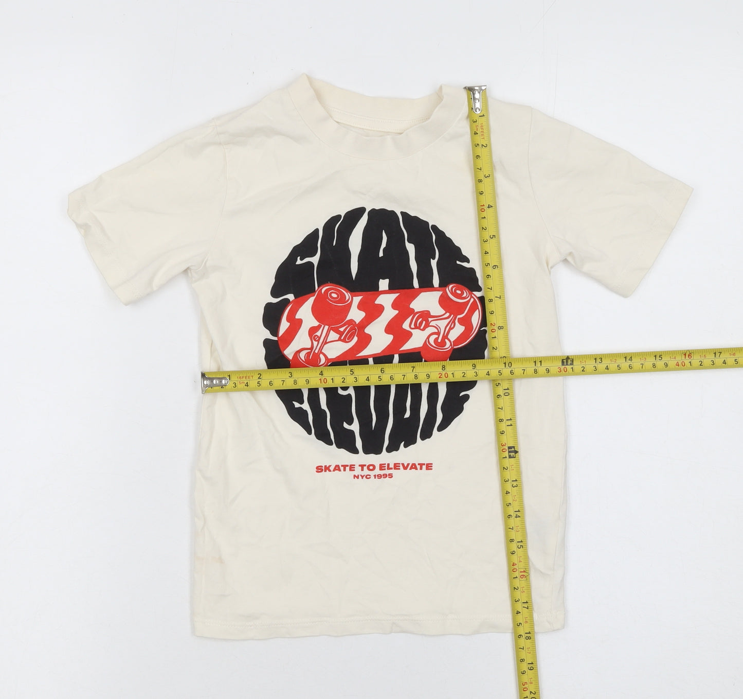 Dunnes Stores Boys Beige Skateboard Graphic Cotton T-Shirt 5-6 Years