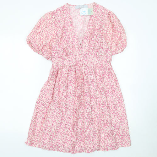 Primark Womens Pink Floral Fit & Flare V-Neck Dress Size 10