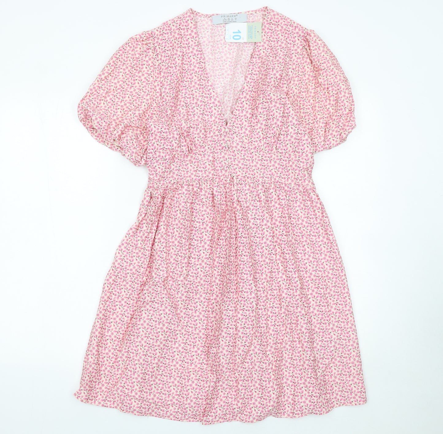 Primark Womens Pink Floral Fit & Flare V-Neck Dress Size 10