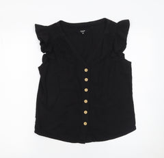 Next Petite Black Linen Blend Button Ruffle Sleeve Blouse Size 6