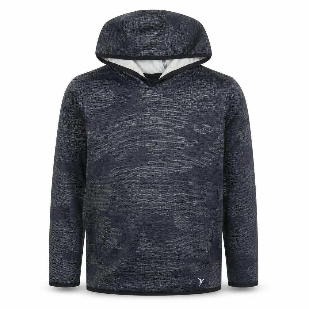 Front view of Old Navy boys’ black camouflage pullover active hoodie, size 8, years