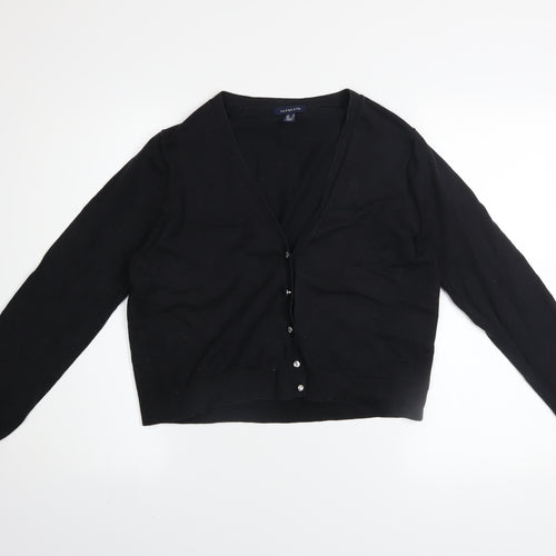 Lands' End Women's Black Petite M V-Neck Cotton Blend Cardigan