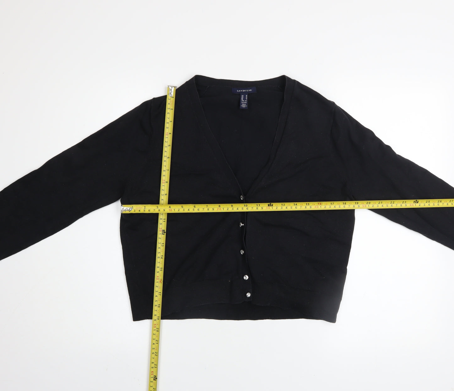 Lands' End Women's Black Petite M V-Neck Cotton Blend Cardigan