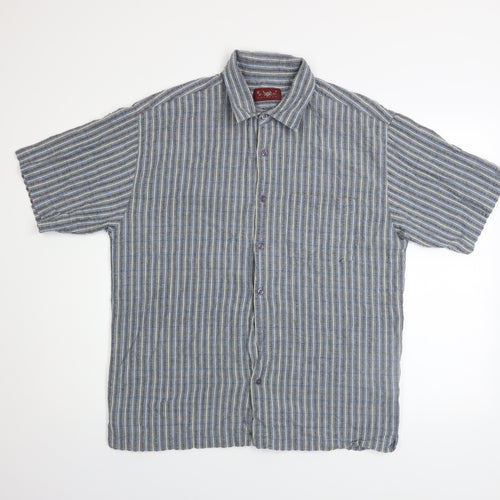 Olly & Co Men’s Blue Striped Cotton Short Sleeve Button-Up Shirt XL