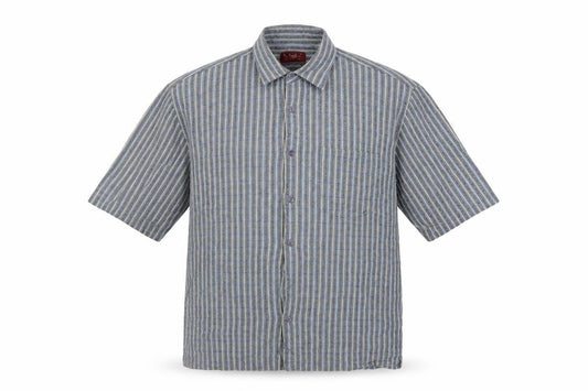 Front view of Olly & Co Men’s Blue Striped Cotton Short Sleeve Button-Up Shirt XL