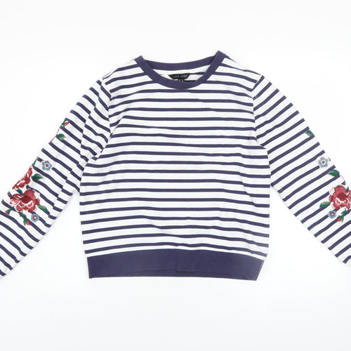 New Look Women's Navy Striped Embroidered Floral Pullover Sweatshirt UK 8