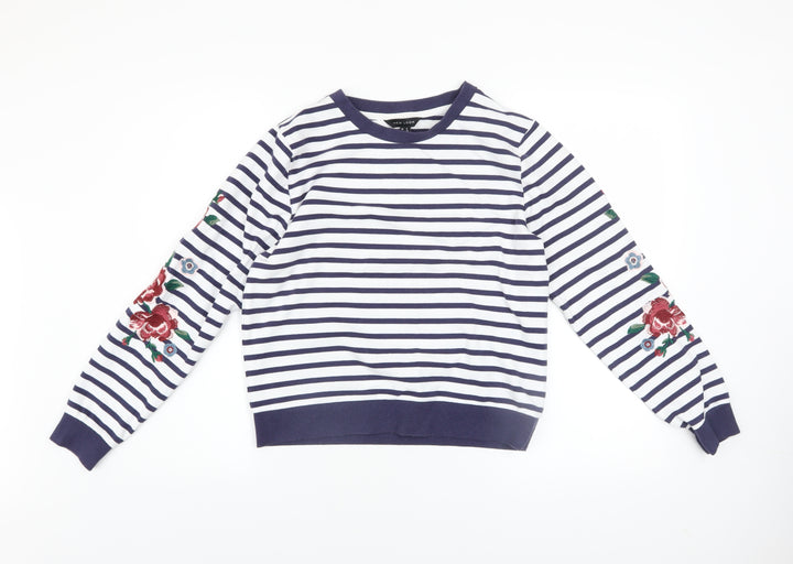 New Look Women's Navy Striped Embroidered Floral Pullover Sweatshirt UK 8