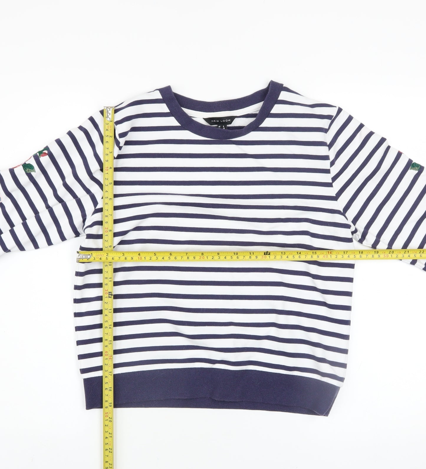 New Look Women's Navy Striped Embroidered Floral Pullover Sweatshirt UK 8