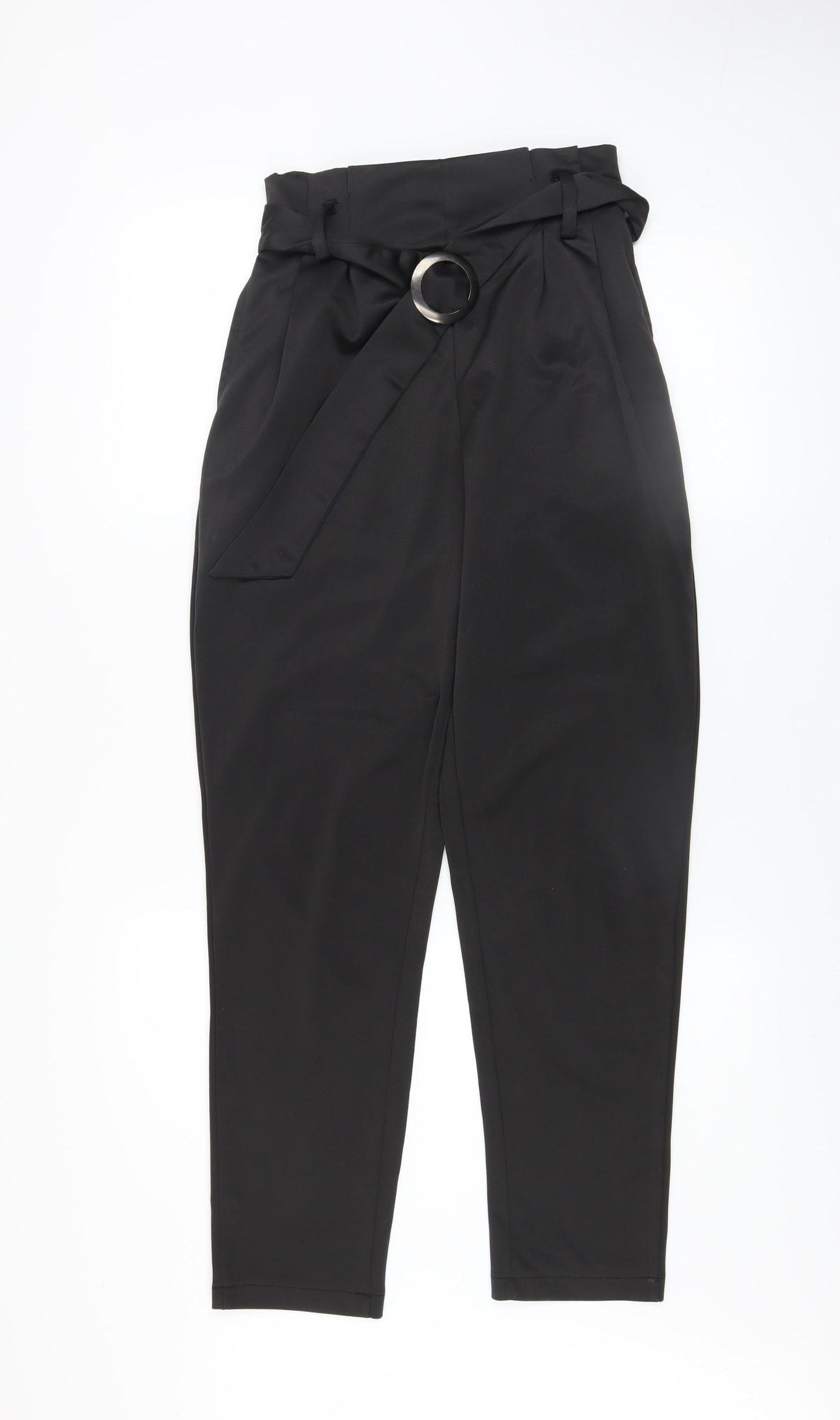 QED London Women's Black Paperbag Trousers UK 8 Belted High Waist