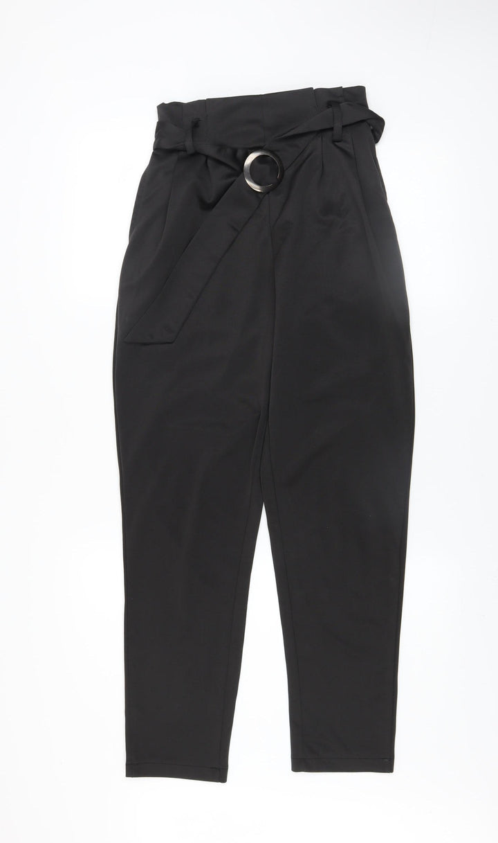 QED London Women's Black Paperbag Trousers UK 8 Belted High Waist