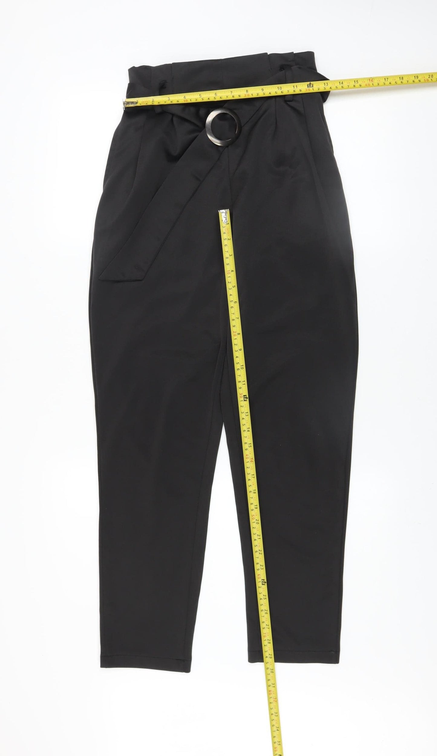 QED London Women's Black Paperbag Trousers UK 8 Belted High Waist