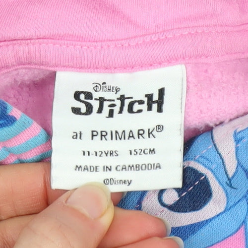 Primark Girls Pink Stitch Hoodie 11-12 Years Fleece Pullover Graphic Sweatshirt
