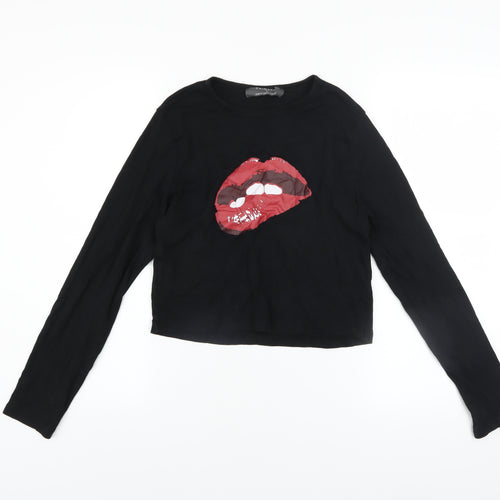 Primark Womens Black Cropped Long Sleeve T-Shirt L Rock Graphic Top