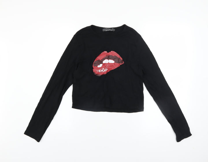 Primark Womens Black Cropped Long Sleeve T-Shirt L Rock Graphic Top