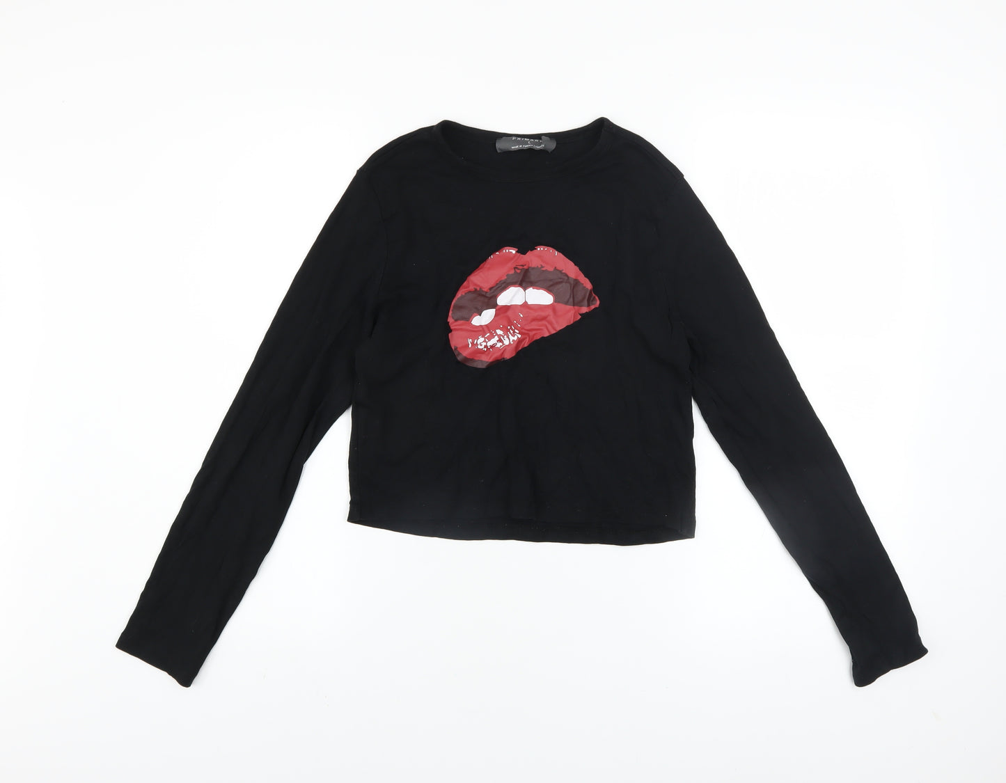 Primark Womens Black Cropped Long Sleeve T-Shirt L Rock Graphic Top