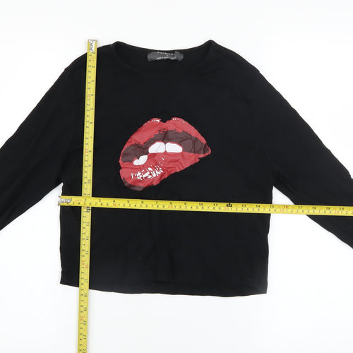 Primark Womens Black Cropped Long Sleeve T-Shirt L Rock Graphic Top