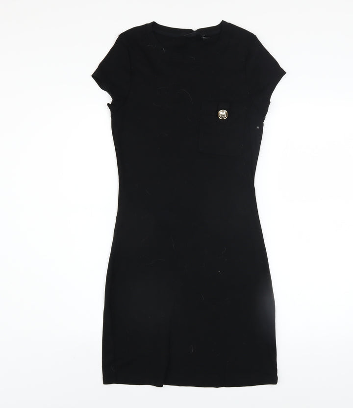 River Island Women's Black Cotton Bodycon Short Sleeve Dress Size 10