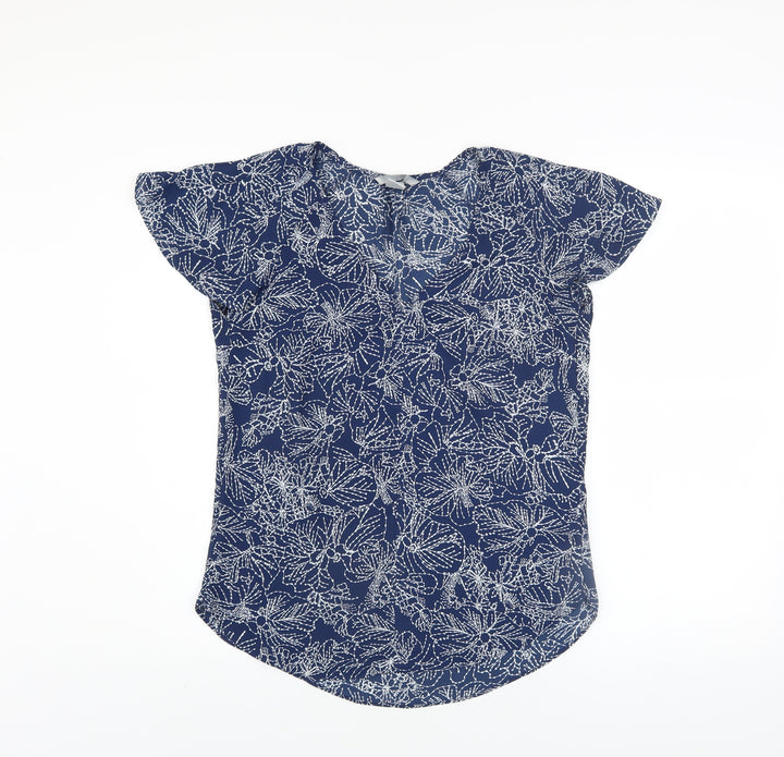 H&M Womens Navy Floral Short Sleeve Blouse Size 6 Polyester Top