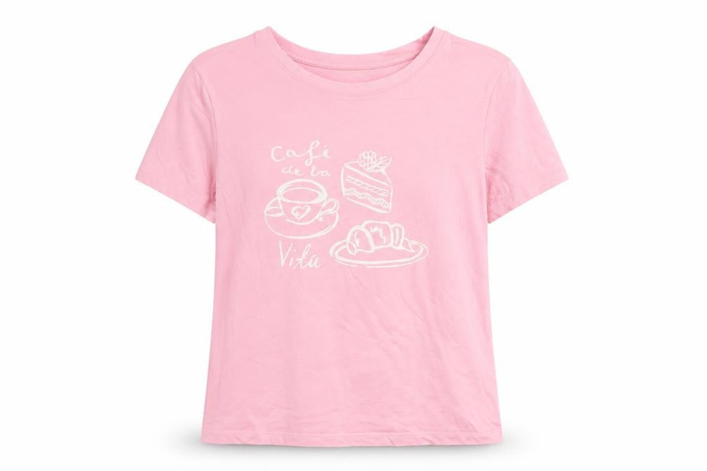 Dunnes Stores Women's Pink Cotton Café de la Vita Short Sleeve T-Shirt Size 12