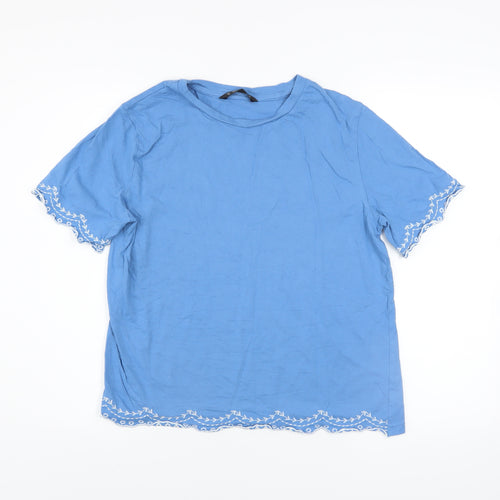 Dunnes Stores Women's Blue Embroidered Cotton T-Shirt Size 14