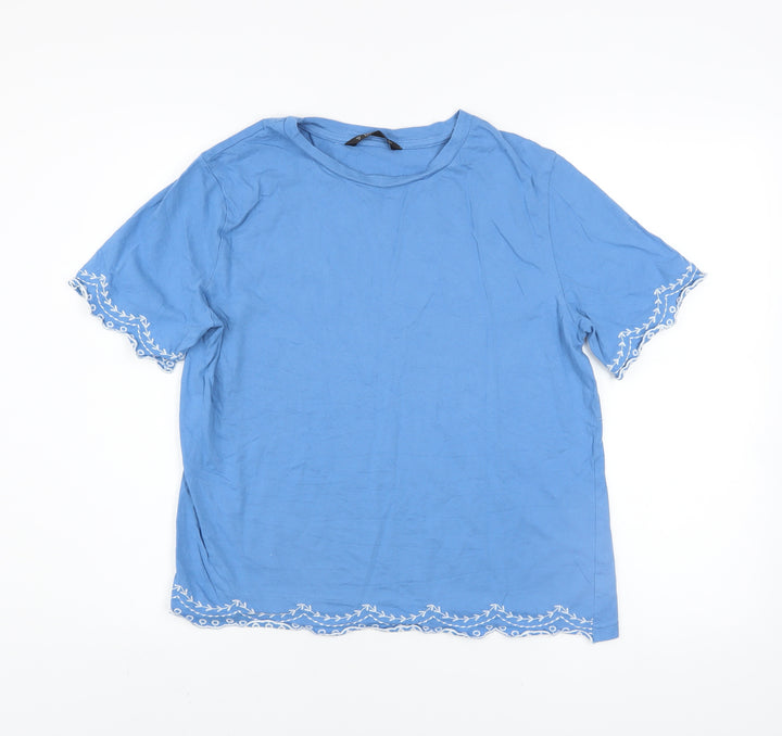 Dunnes Stores Women's Blue Embroidered Cotton T-Shirt Size 14