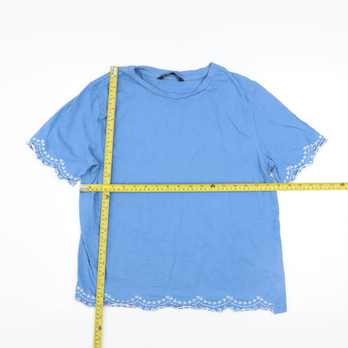 Dunnes Stores Women's Blue Embroidered Cotton T-Shirt Size 14