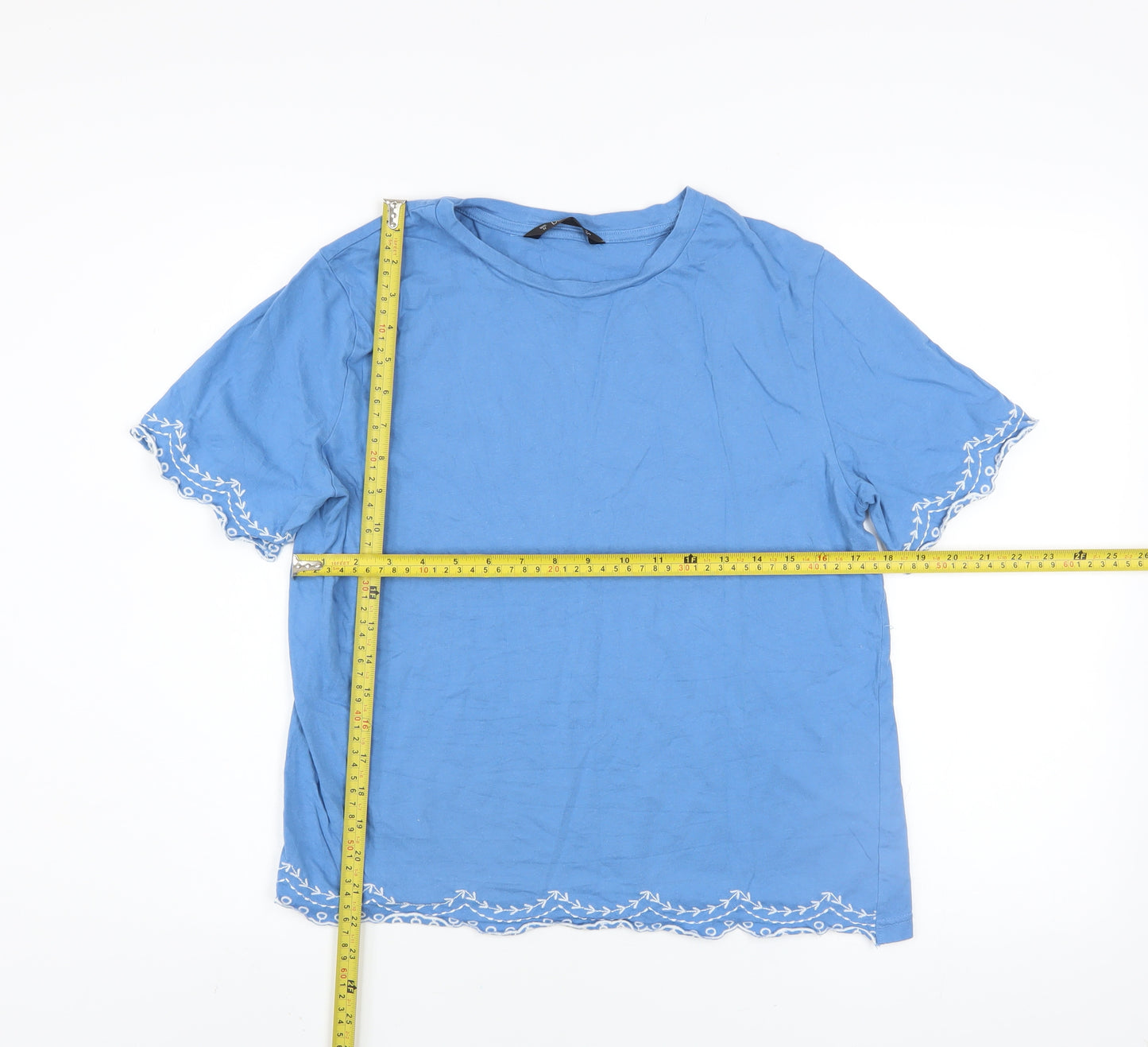 Dunnes Stores Women's Blue Embroidered Cotton T-Shirt Size 14
