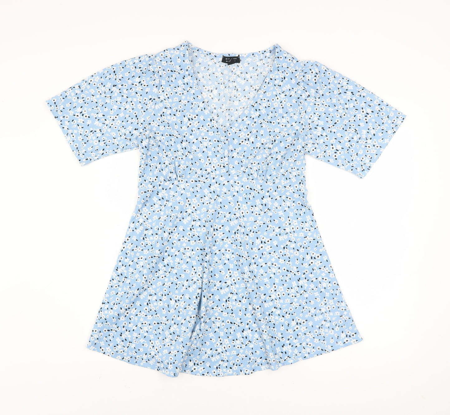 New Look Maternity Blue Floral V-Neck Short Sleeve Tunic Blouse Size 10