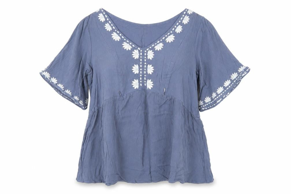 Front view of Seraphine Women's Blue Embroidered Bohemian Blouse Top, size 10