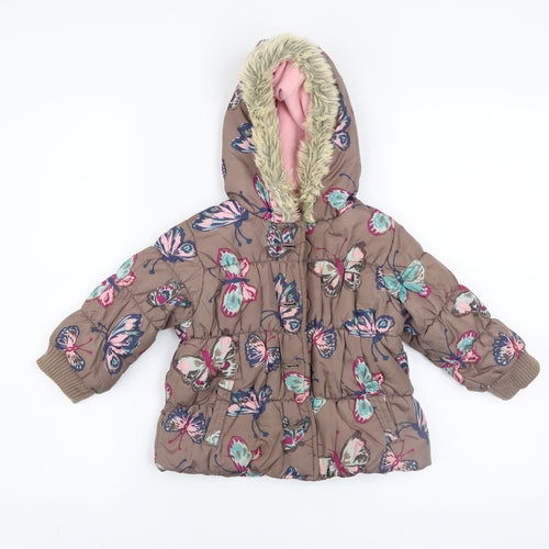Next Girls Brown Butterfly Puffer Coat Hooded Winter Jacket 2 Years